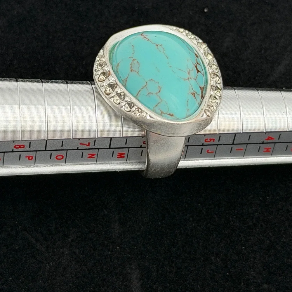 Lia Sophia Faux Turquoise Marcasite Teardrop Statement Ring Size 6 Silver Tone